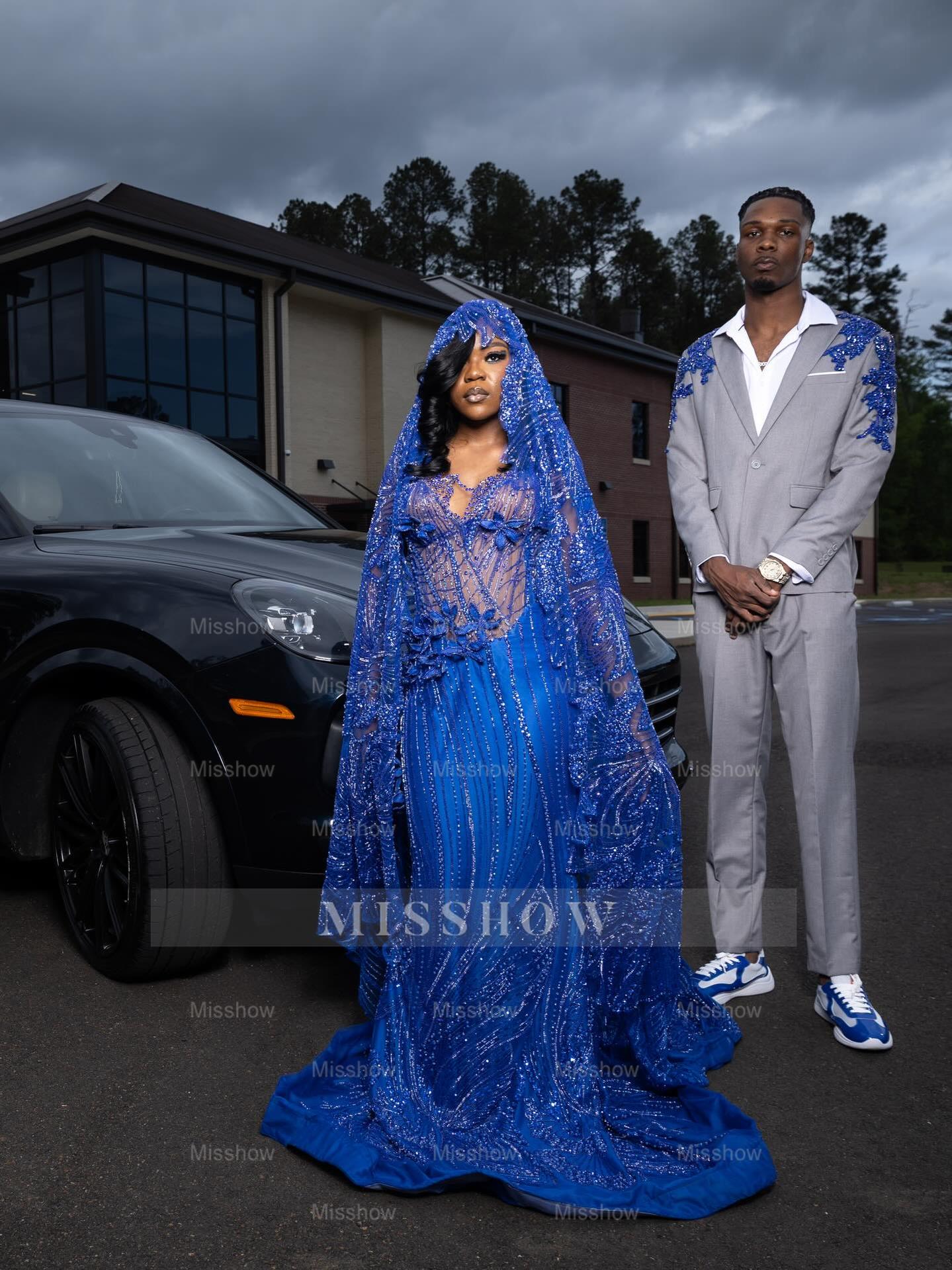 Royal Blue Prom Dress Sheer Beaded Sleeveless Mermaid Gown with Veil