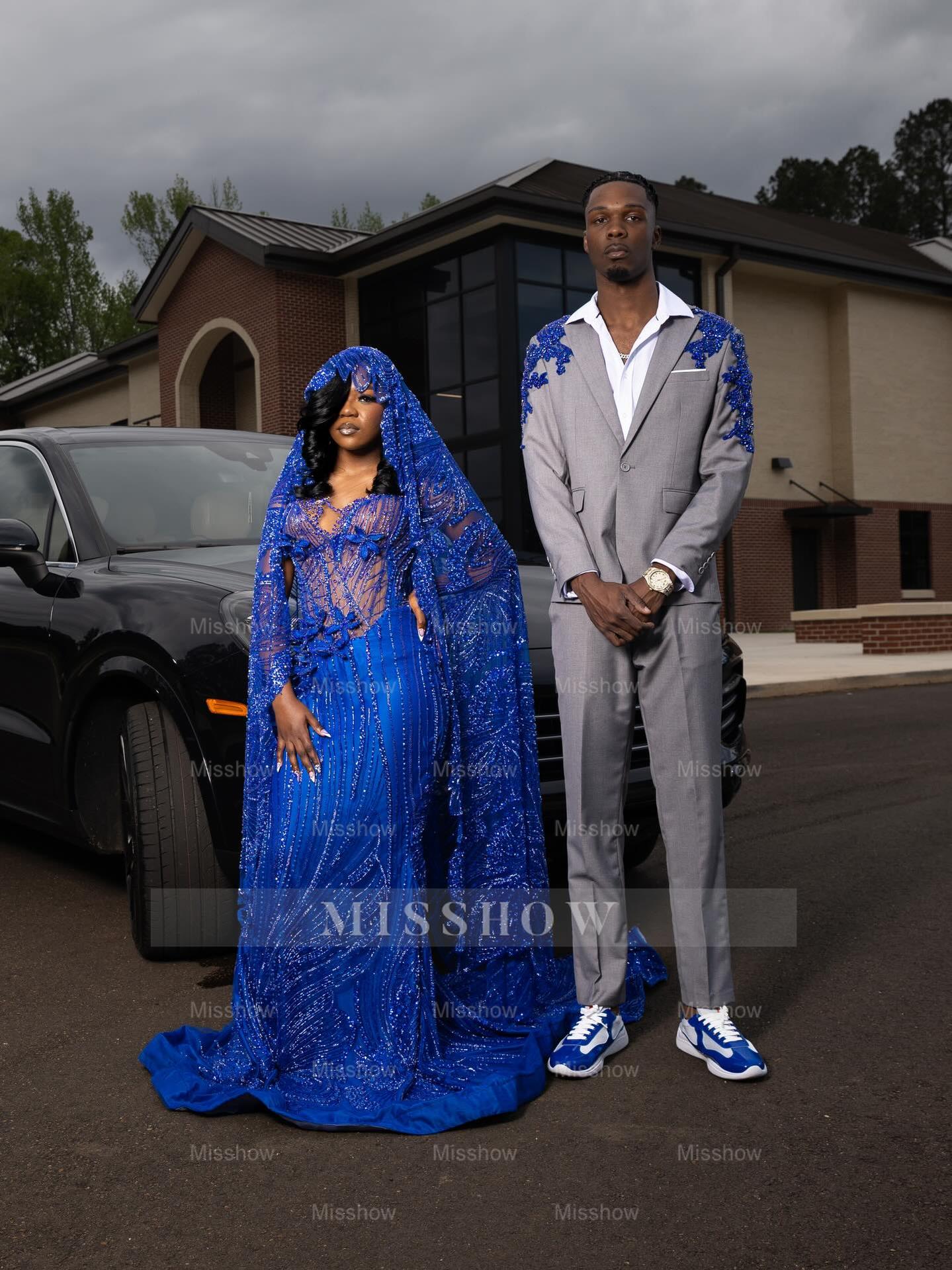 Royal Blue Prom Dress Sheer Beaded Sleeveless Mermaid Gown with Veil