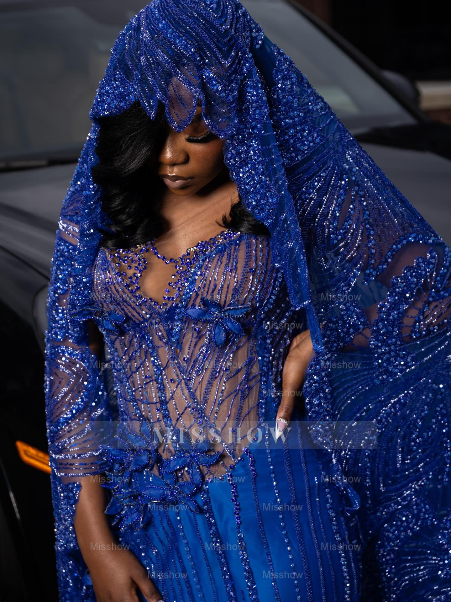 Royal Blue Prom Dress Sheer Beaded Sleeveless Mermaid Gown with Veil