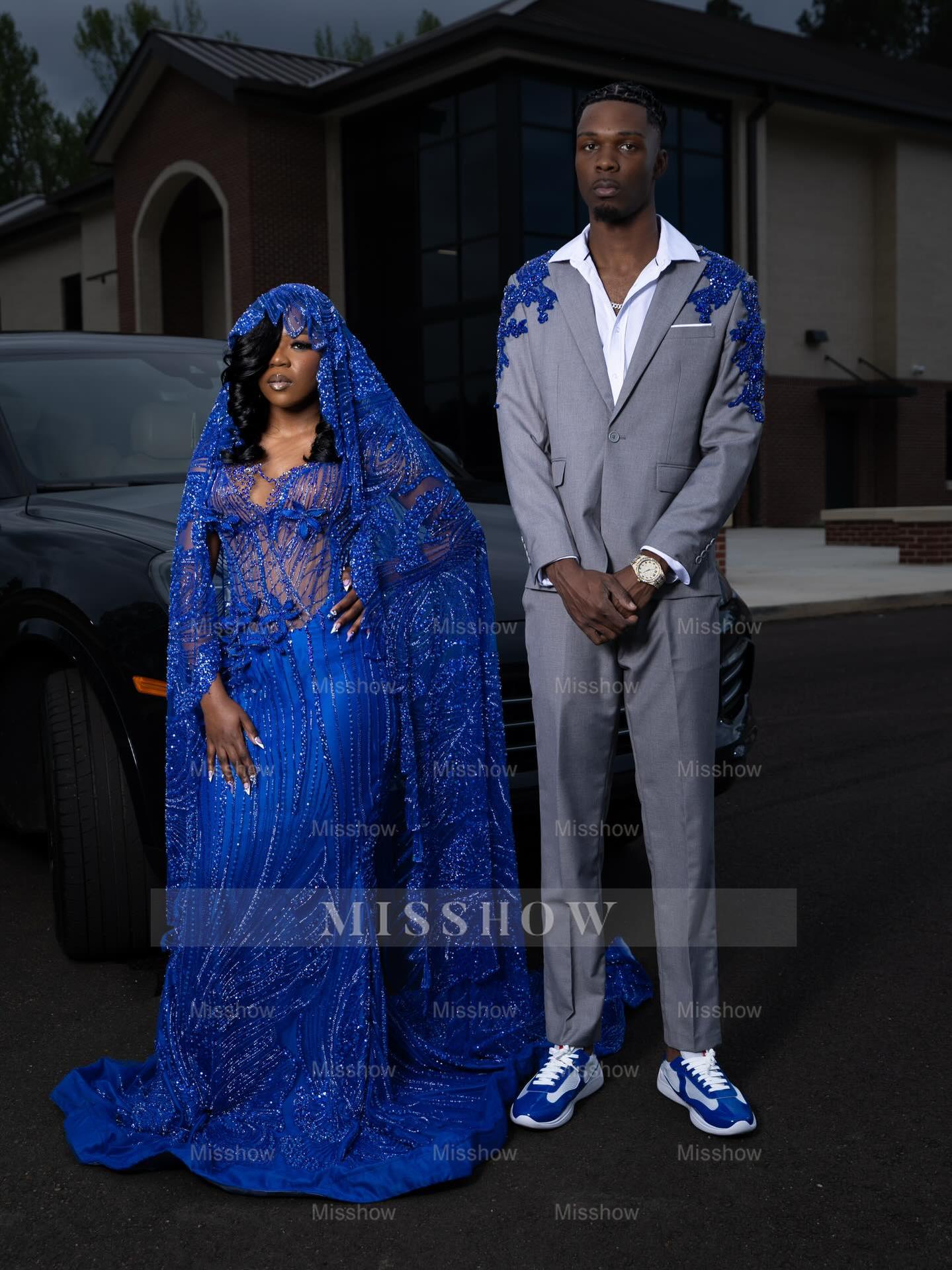 Royal Blue Prom Dress Sheer Beaded Sleeveless Mermaid Gown with Veil