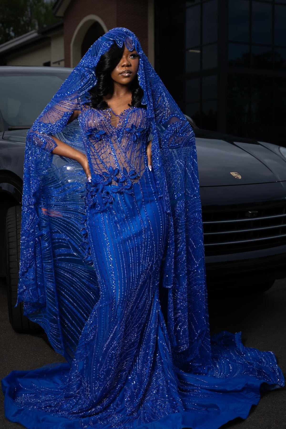 Royal Blue Prom Dress Sheer Beaded Sleeveless Mermaid Gown with Veil