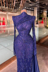 Royal Blue Sequin Beaded Lace Mermaid Evening Dress High Neck Long Sleeves Scallop Fringe Cuff Allover Vine Lace Diagonal Ruched Waist Satin Side Drape Train Scallop Hem Formal Gown
