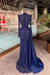 Royal Blue Sequin Beaded Lace Mermaid Evening Dress High Neck Long Sleeves Scallop Fringe Cuff Allover Vine Lace Diagonal Ruched Waist Satin Side Drape Train Scallop Hem Formal Gown