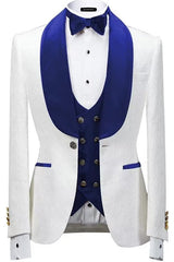 Royal Blue Shawl Collar Three-Piece New Jacquard Wedding Ensemble