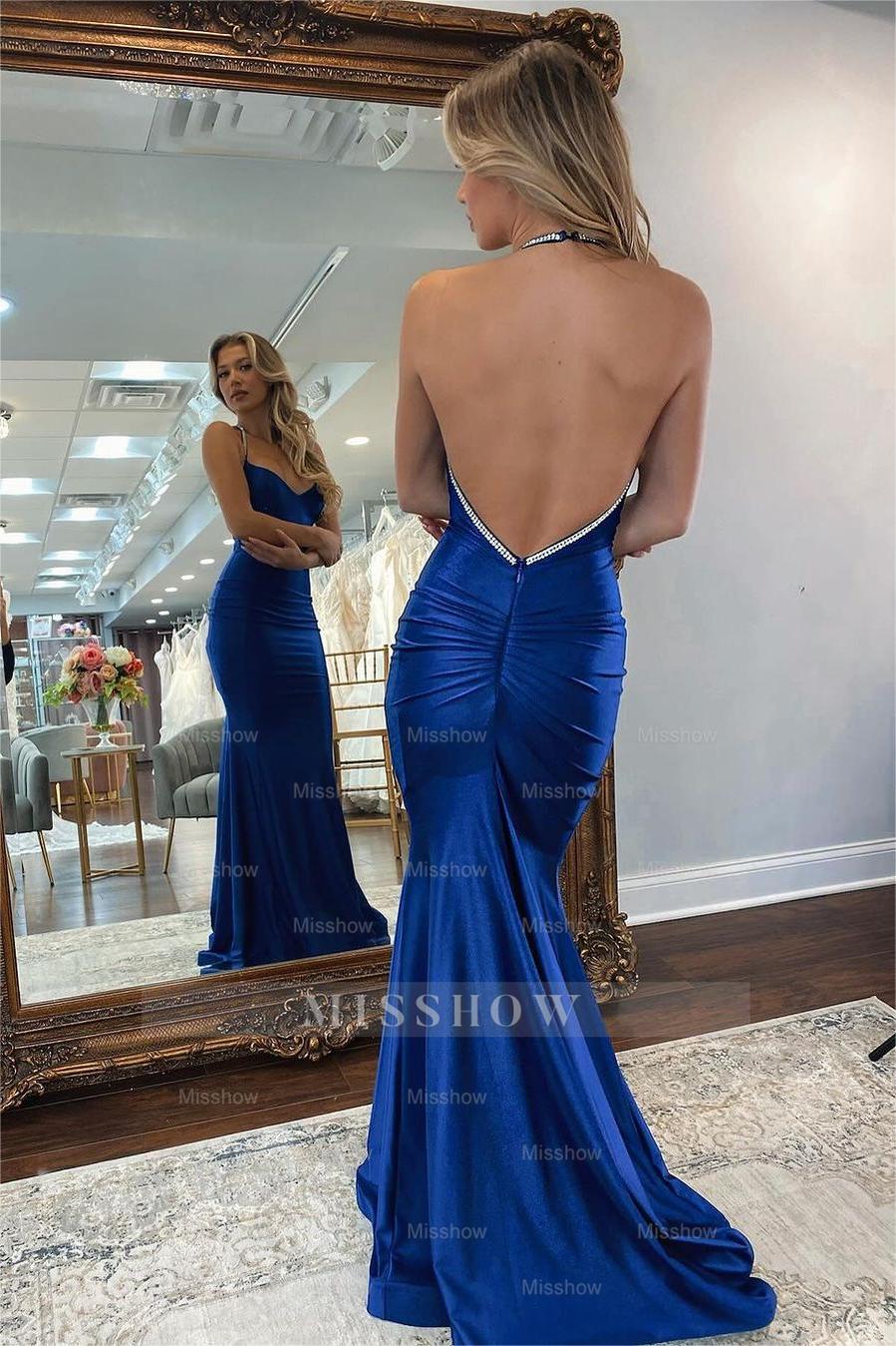 Royal Blue Spaghetti Straps Sleeveless Rhinestone Open Back Mermaid Formal Evening Gown