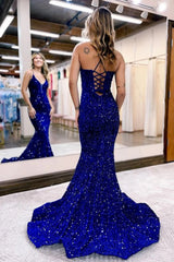 Royal Blue Sparkly Mermaid Prom Dress with Lace-Up Back and Sequins