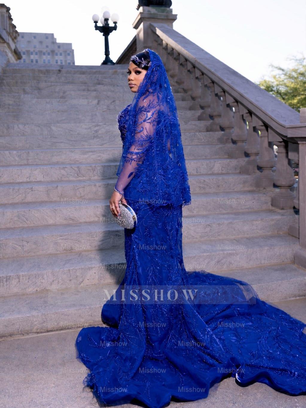 Royal Blue Strapless Beaded Prom Dress Lace Mermaid Gown with Veil and Rhinestones