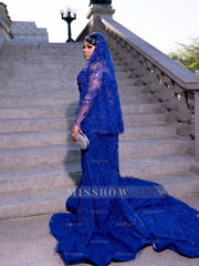 Royal Blue Strapless Beaded Prom Dress Lace Mermaid Gown with Veil and Rhinestones