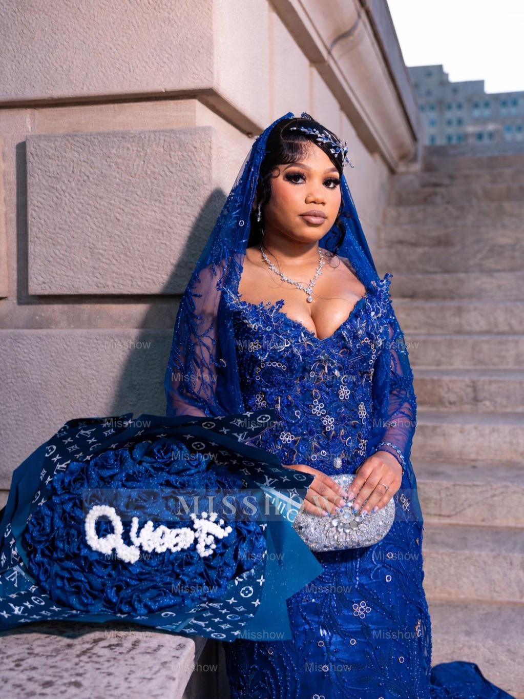 Royal Blue Strapless Beaded Prom Dress Lace Mermaid Gown with Veil and Rhinestones