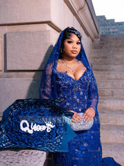 Royal Blue Strapless Beaded Prom Dress Lace Mermaid Gown with Veil and Rhinestones