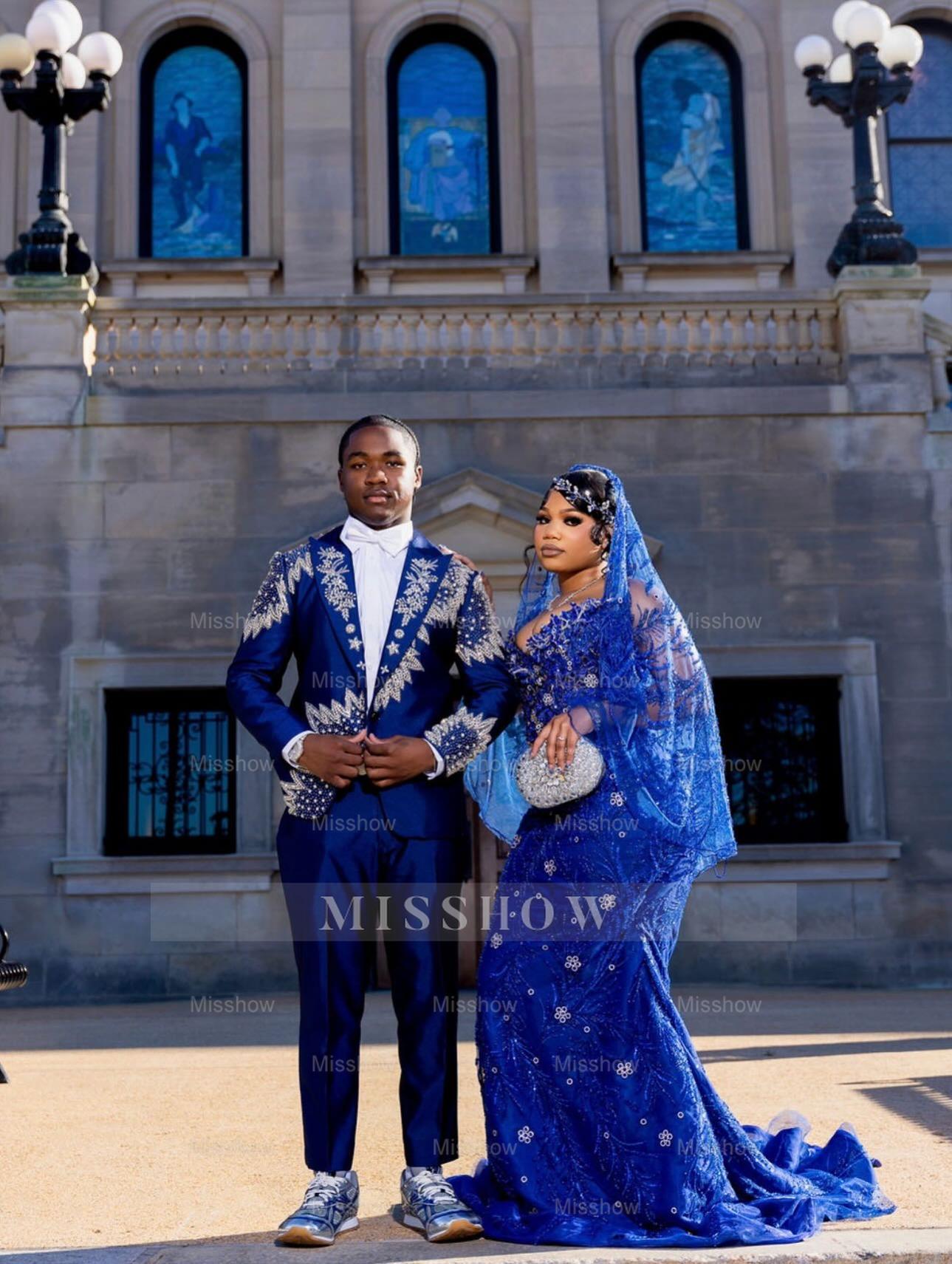 Royal Blue Strapless Beaded Prom Dress Lace Mermaid Gown with Veil and Rhinestones