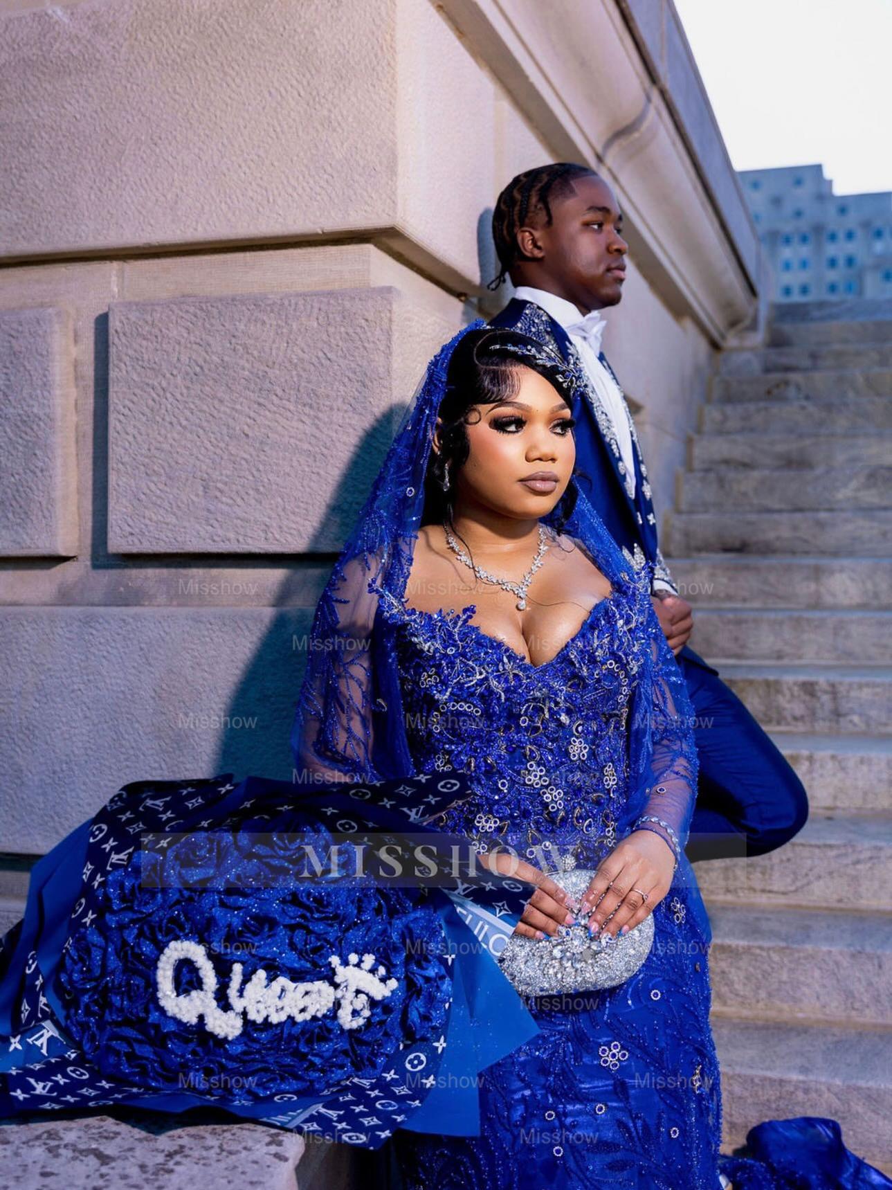 Royal Blue Strapless Beaded Prom Dress Lace Mermaid Gown with Veil and Rhinestones