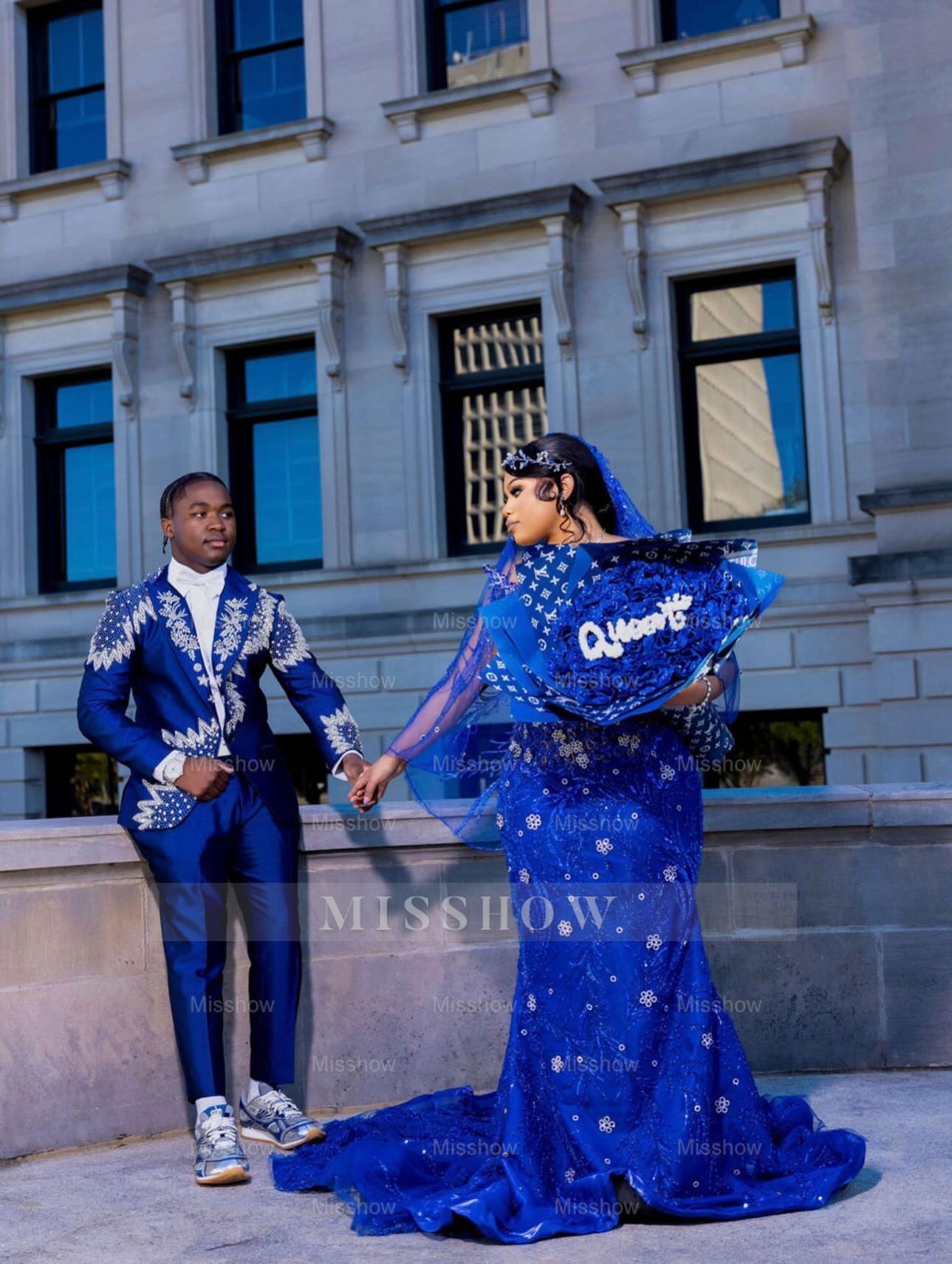 Royal Blue Strapless Beaded Prom Dress Lace Mermaid Gown with Veil and Rhinestones
