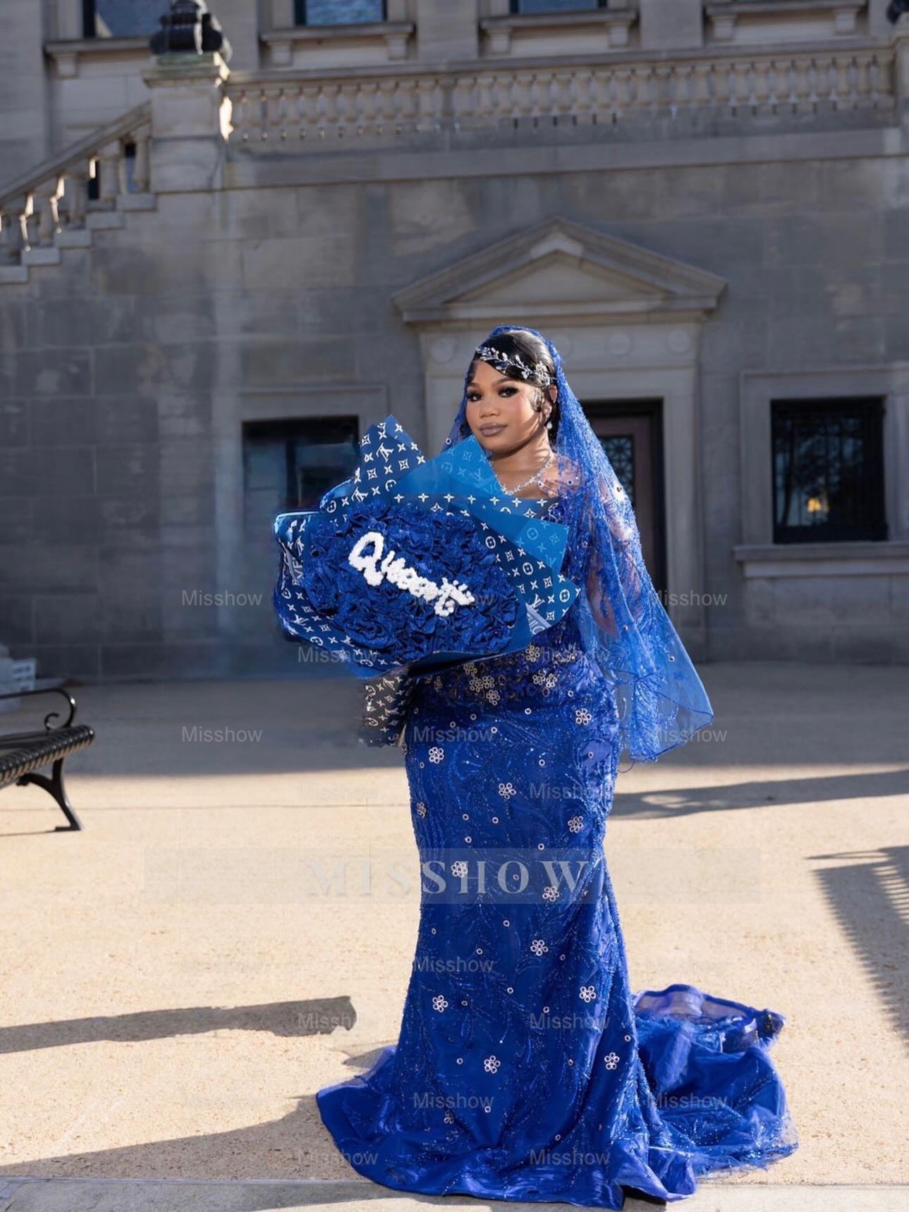 Royal Blue Strapless Beaded Prom Dress Lace Mermaid Gown with Veil and Rhinestones