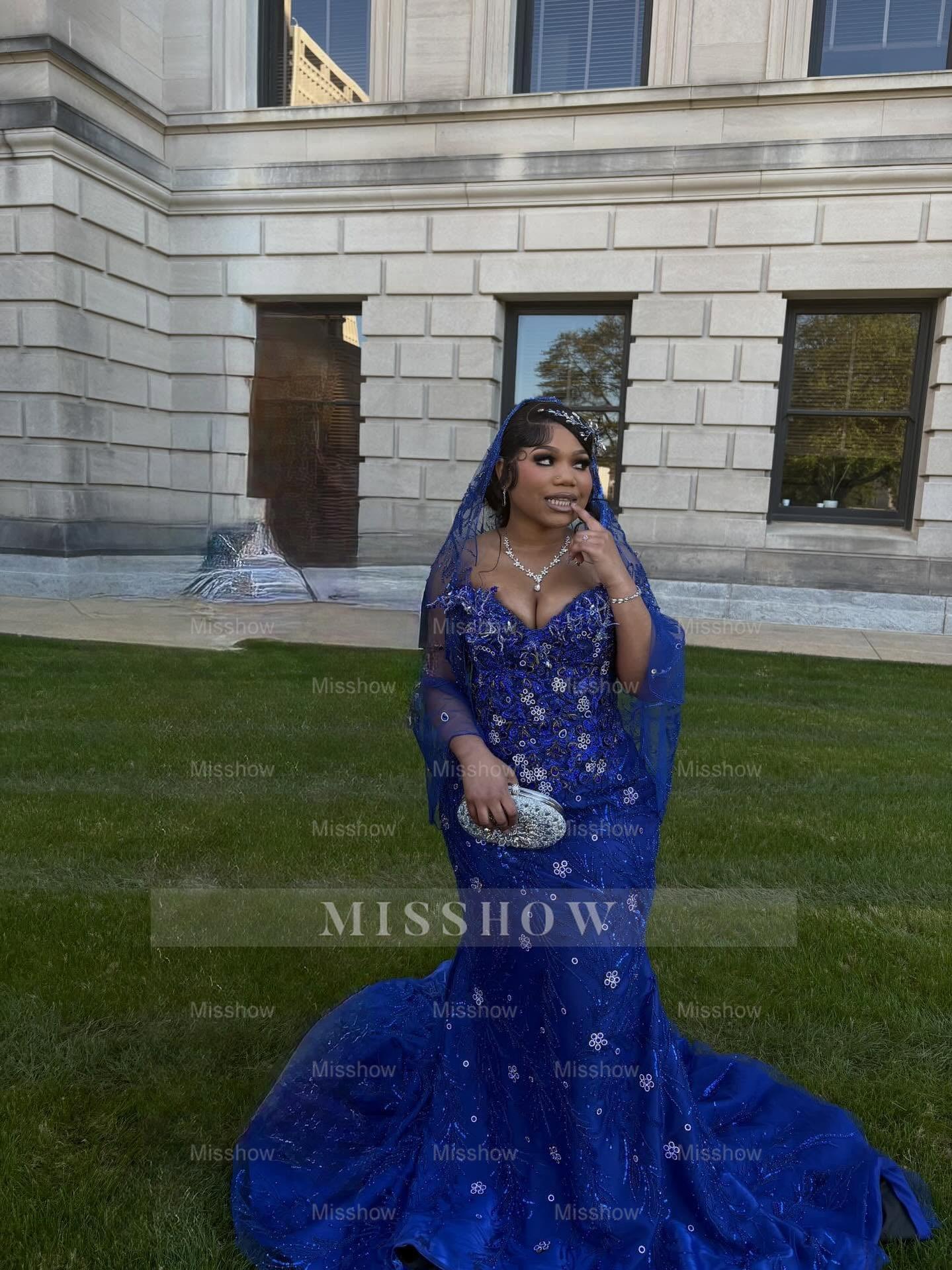Royal Blue Strapless Beaded Prom Dress Lace Mermaid Gown with Veil and Rhinestones