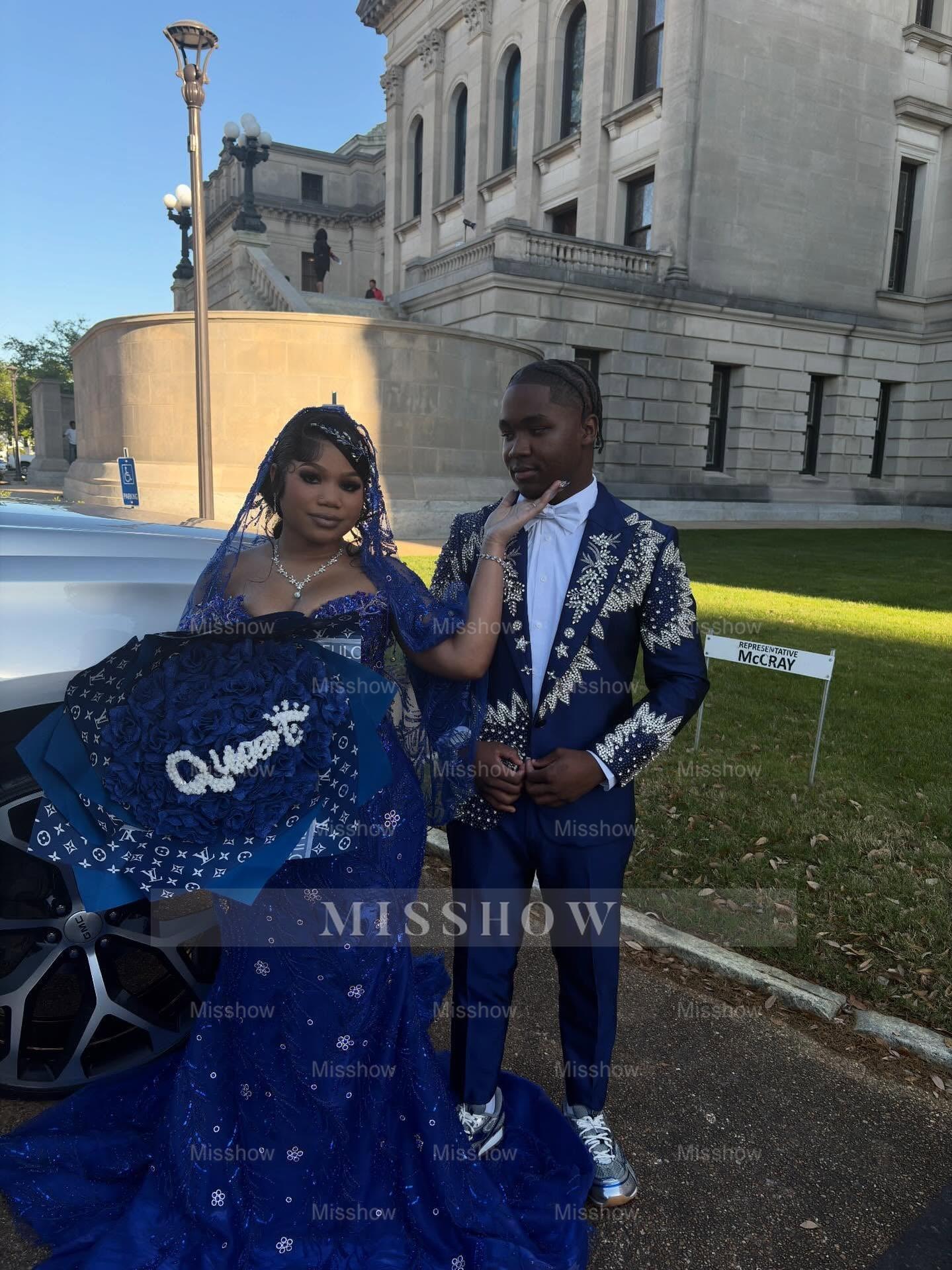 Royal Blue Strapless Beaded Prom Dress Lace Mermaid Gown with Veil and Rhinestones