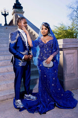 Royal Blue Strapless Beaded Prom Dress Lace Mermaid Gown with Veil and Rhinestones