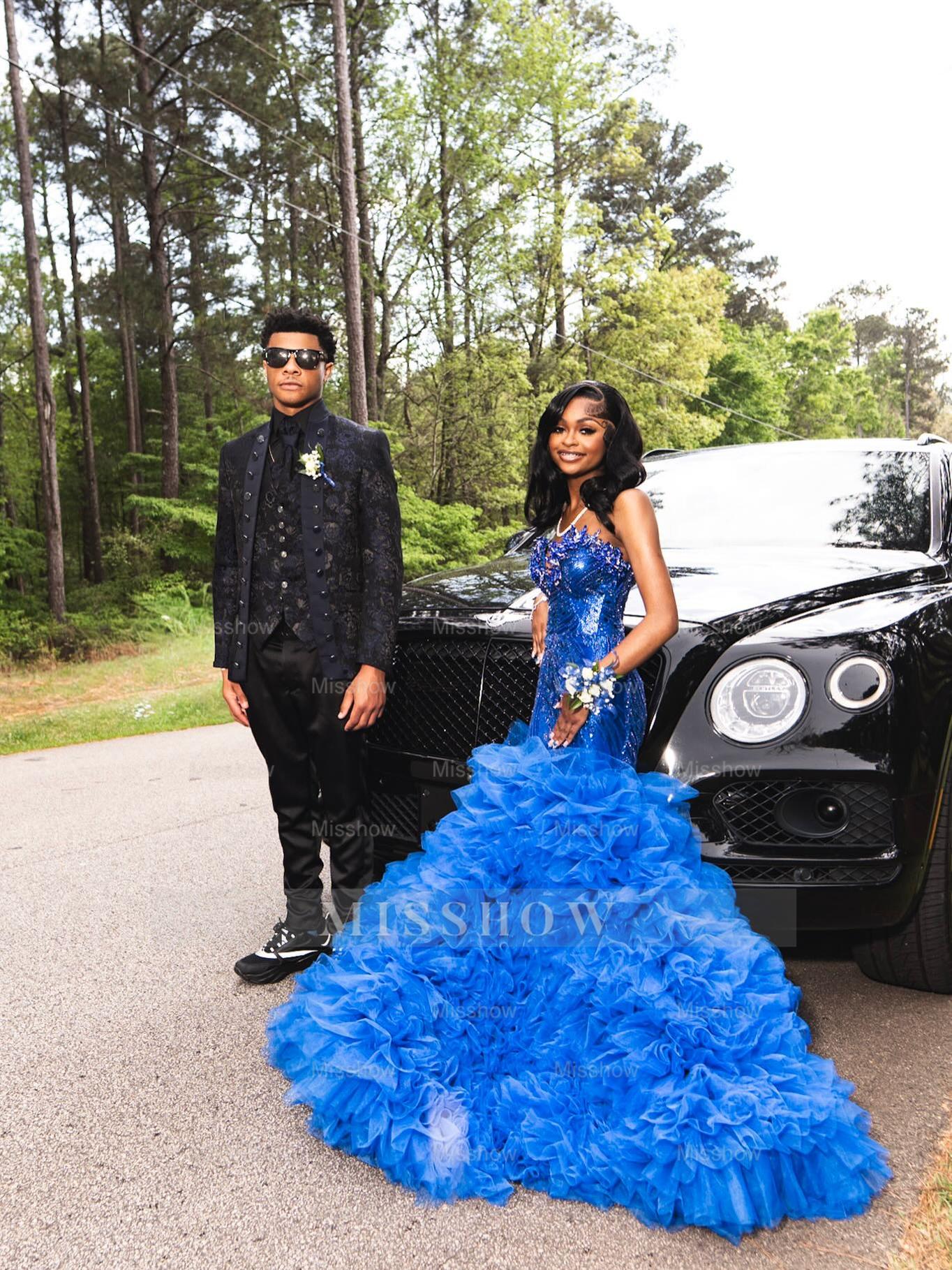 Royal Blue Strapless Prom Dress Beaded Ruffle Ball Gown with Rhinestones