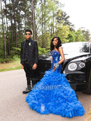 Royal Blue Strapless Prom Dress Beaded Ruffle Ball Gown with Rhinestones
