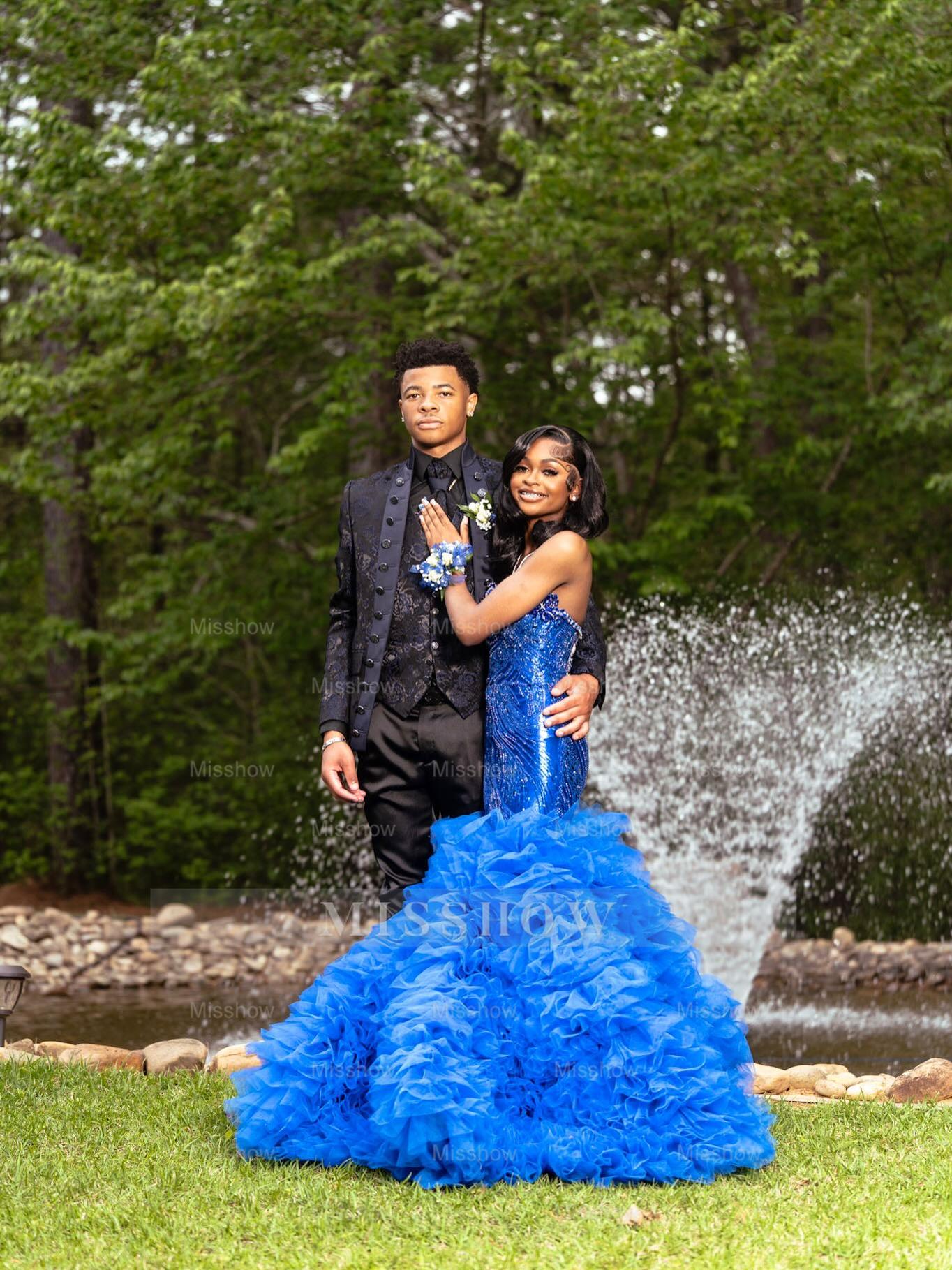 Royal Blue Strapless Prom Dress Beaded Ruffle Ball Gown with Rhinestones
