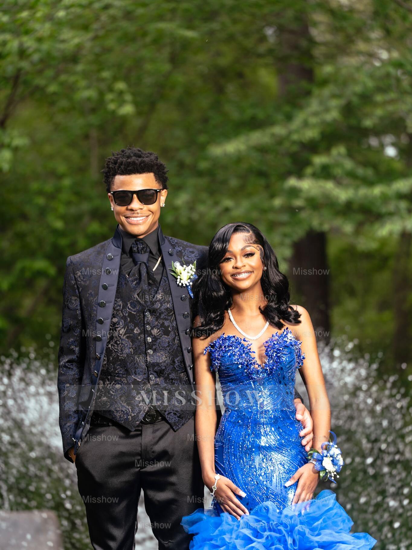 Royal Blue Strapless Prom Dress Beaded Ruffle Ball Gown with Rhinestones