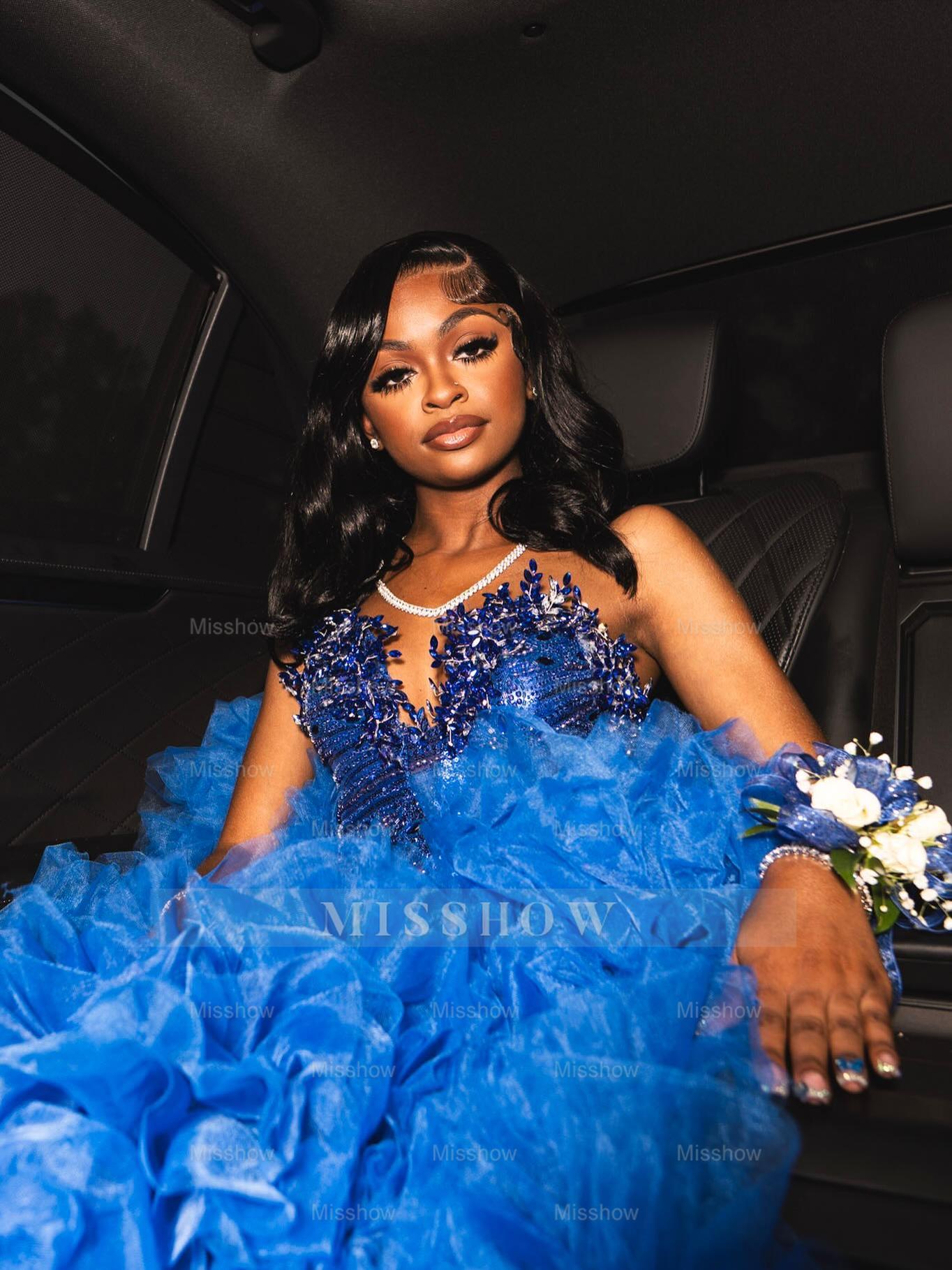 Royal Blue Strapless Prom Dress Beaded Ruffle Ball Gown with Rhinestones