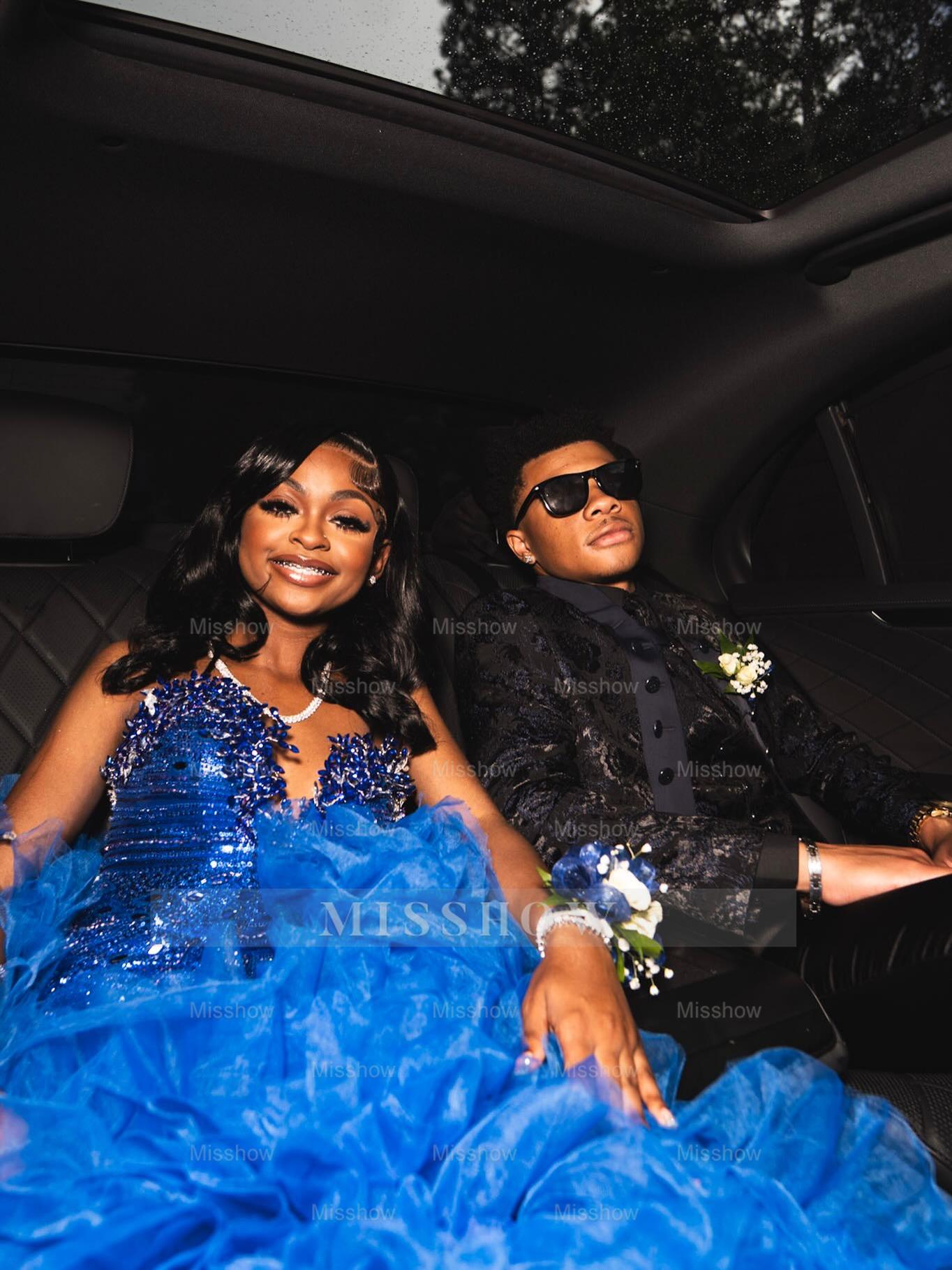 Royal Blue Strapless Prom Dress Beaded Ruffle Ball Gown with Rhinestones