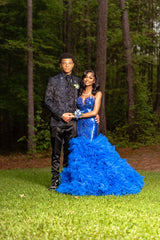 Royal Blue Strapless Prom Dress Beaded Ruffle Ball Gown with Rhinestones