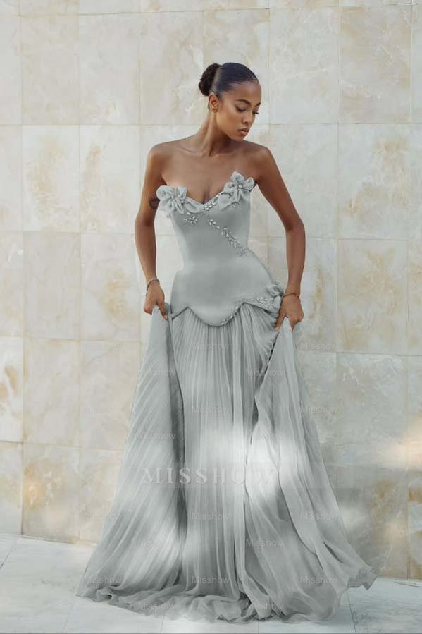 Royal Blue Strapless Sweetheart Sleeveless Mermaid Chiffon 3D Flowers Formal Evening Gown