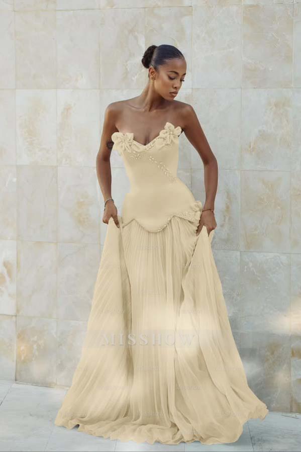 Royal Blue Strapless Sweetheart Sleeveless Mermaid Chiffon 3D Flowers Formal Evening Gown