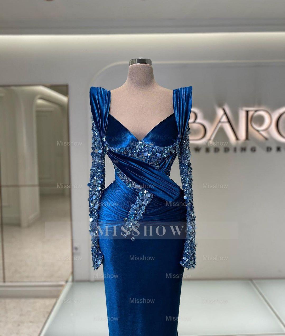 Royal Blue Sweetheart Long Sleeve Mermaid Satin Beaded Floor Length Formal Evening Gown