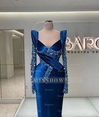 Royal Blue Sweetheart Long Sleeve Mermaid Satin Beaded Floor Length Formal Evening Gown