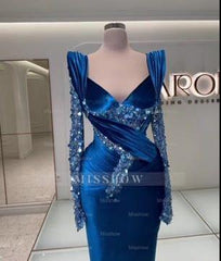 Royal Blue Sweetheart Long Sleeve Mermaid Satin Beaded Floor Length Formal Evening Gown