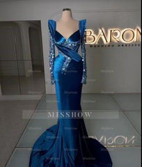 Royal Blue Sweetheart Long Sleeve Mermaid Satin Beaded Floor Length Formal Evening Gown