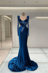 Royal Blue Sweetheart Long Sleeve Mermaid Satin Beaded Floor Length Formal Evening Gown