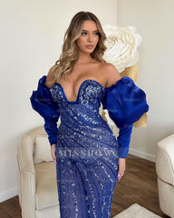 Royal Blue Sweetheart Puff Long Sleeves Sequined Mermaid Floor Length Formal Evening Dress