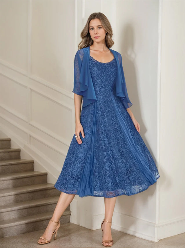 A Line Princess Scoop Half Sleeves Tea Length Mother Of The Bride Dresses With Appliques Wrap