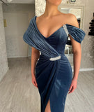 Ruffles Split Front One Shoulder Elegant Prom Dress with Beadings