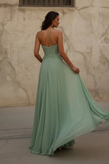 Sage Green Strapless Sweetheart Ruched A-Line Chiffon Slit Floor Length Evening Gown
