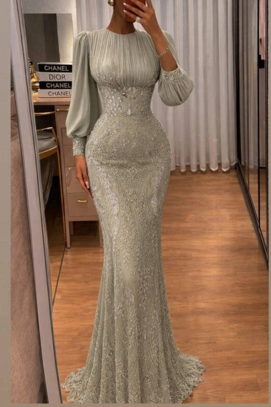 Sage Green High Neck Puff Long Sleeve Beaded Sequined Mermaid Sweep Formal Evening Gown