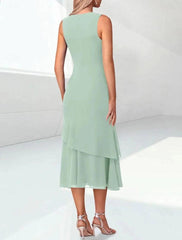 Sage Green Chiffon Mother of the Bride Dress Two Piece 3/4 Sleeve Jacket Tiered Tea Length Formal Gown