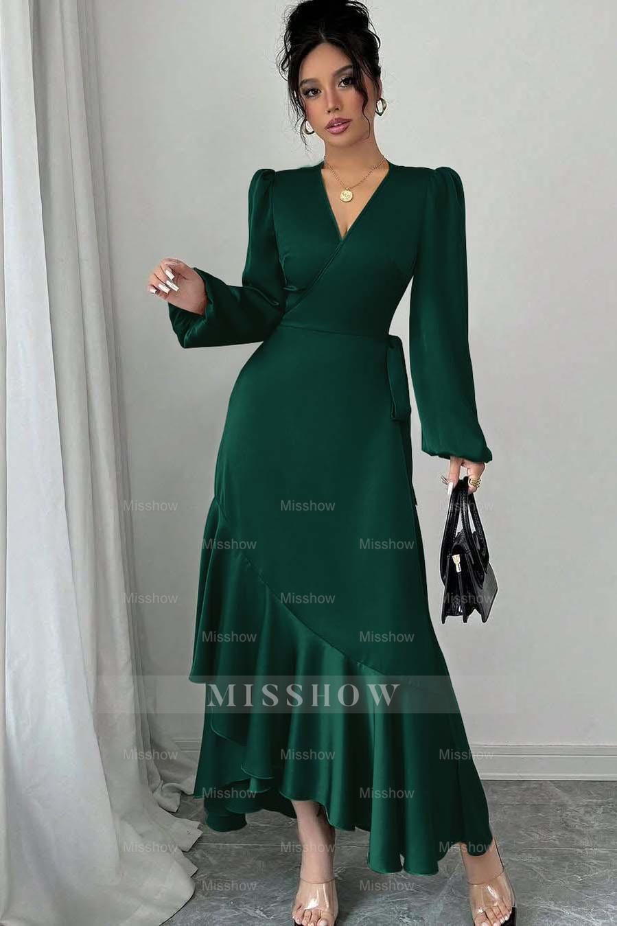 Sage Green Long Sleeve V Neck Fit and Flare Satin Midi Formal Dress With Ruffles