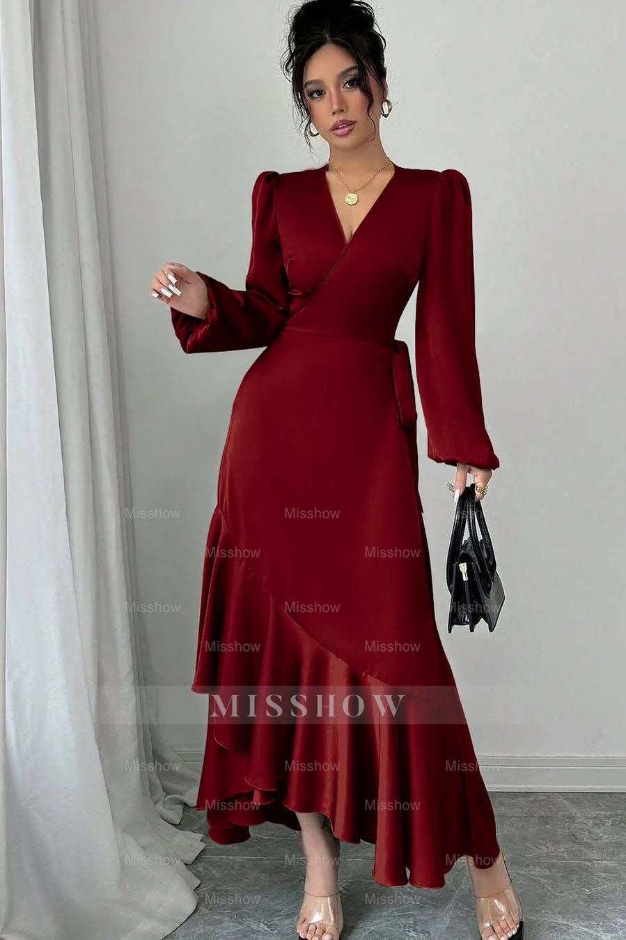 Sage Green Long Sleeve V Neck Fit and Flare Satin Midi Formal Dress With Ruffles