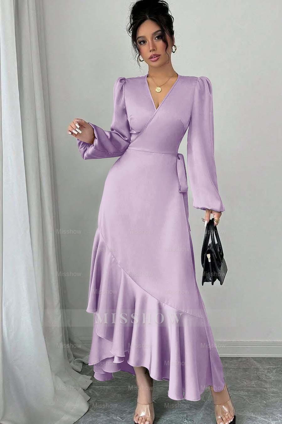 Sage Green Long Sleeve V Neck Fit and Flare Satin Midi Formal Dress With Ruffles