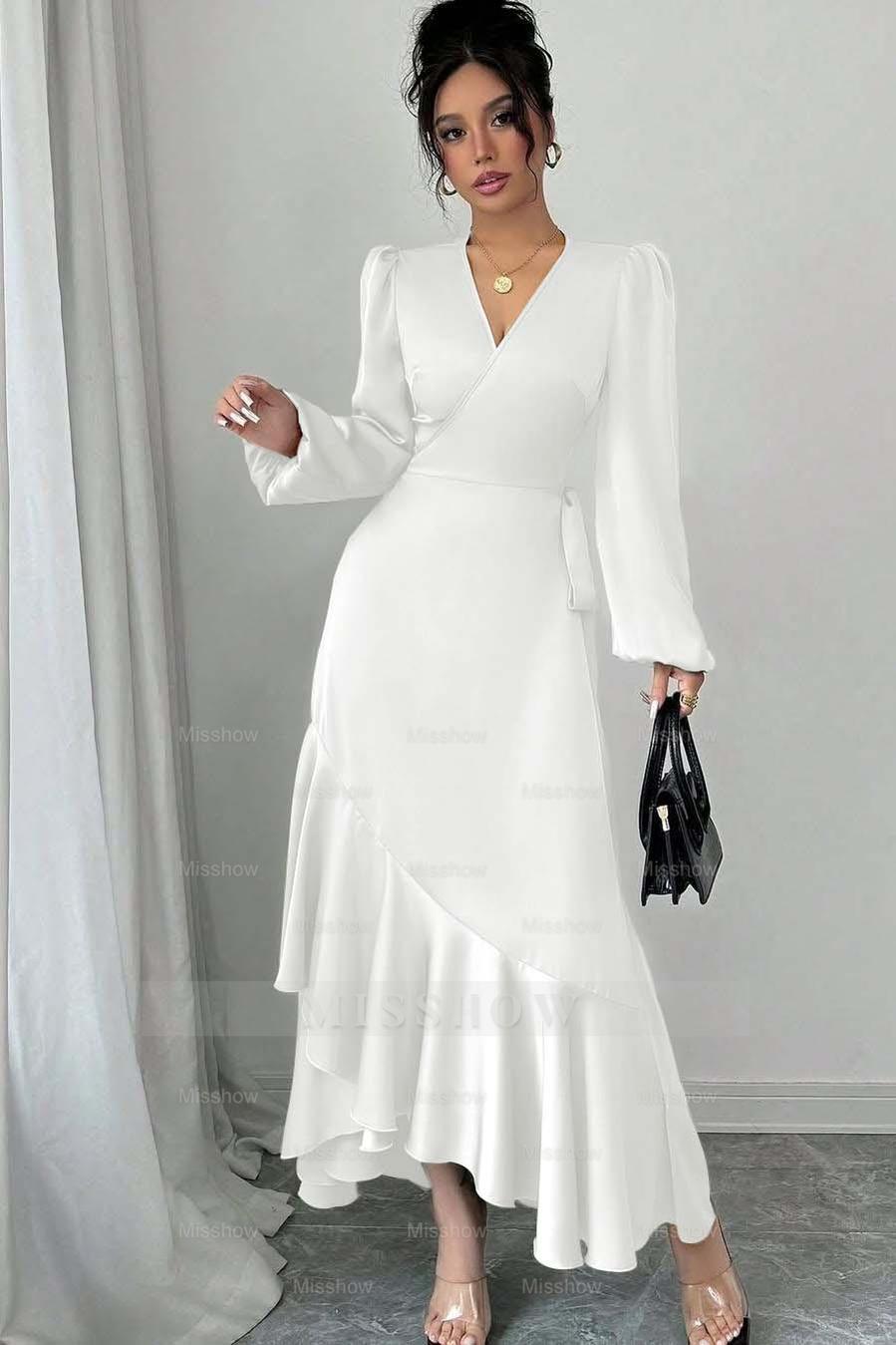 Sage Green Long Sleeve V Neck Fit and Flare Satin Midi Formal Dress With Ruffles