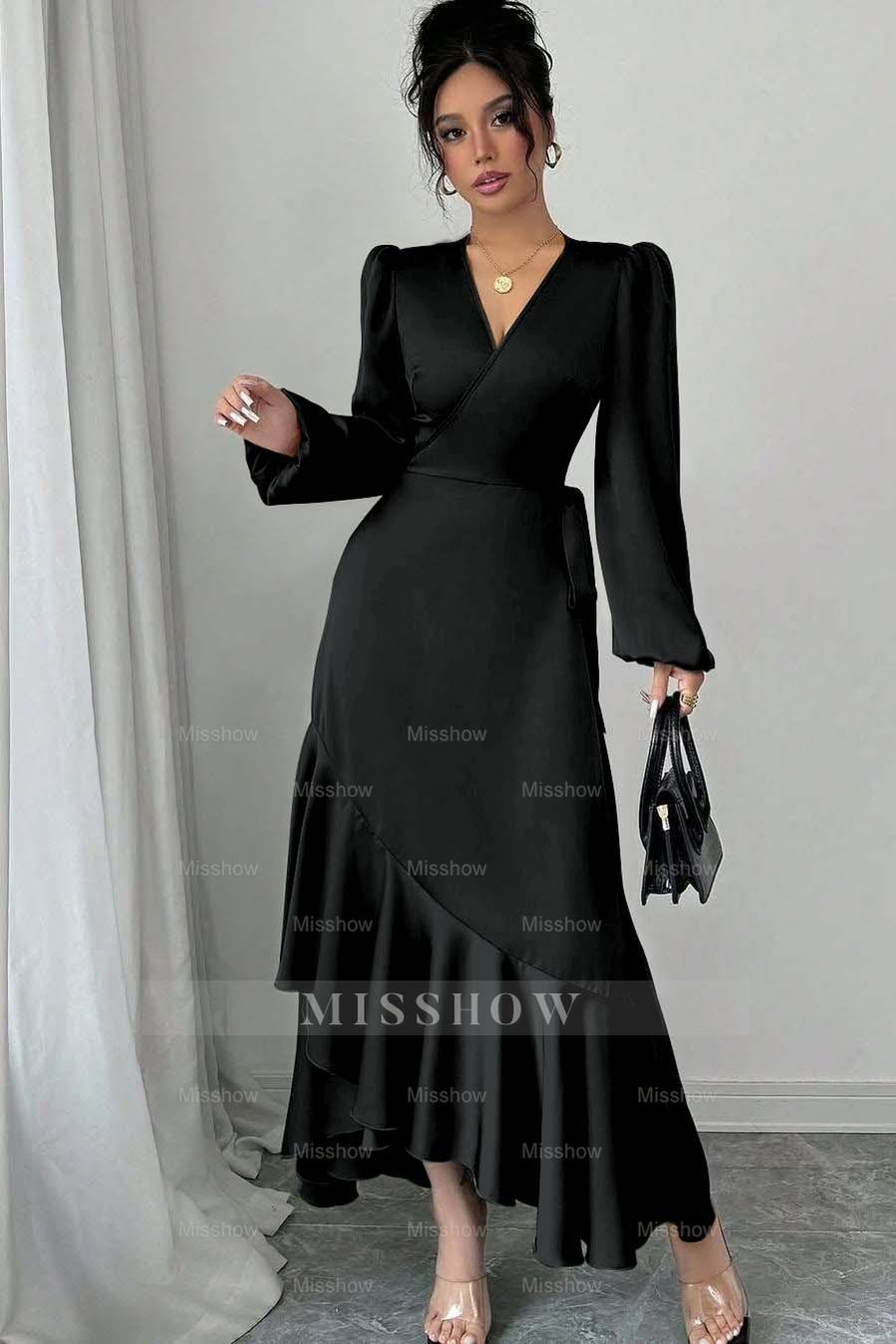 Sage Green Long Sleeve V Neck Fit and Flare Satin Midi Formal Dress With Ruffles