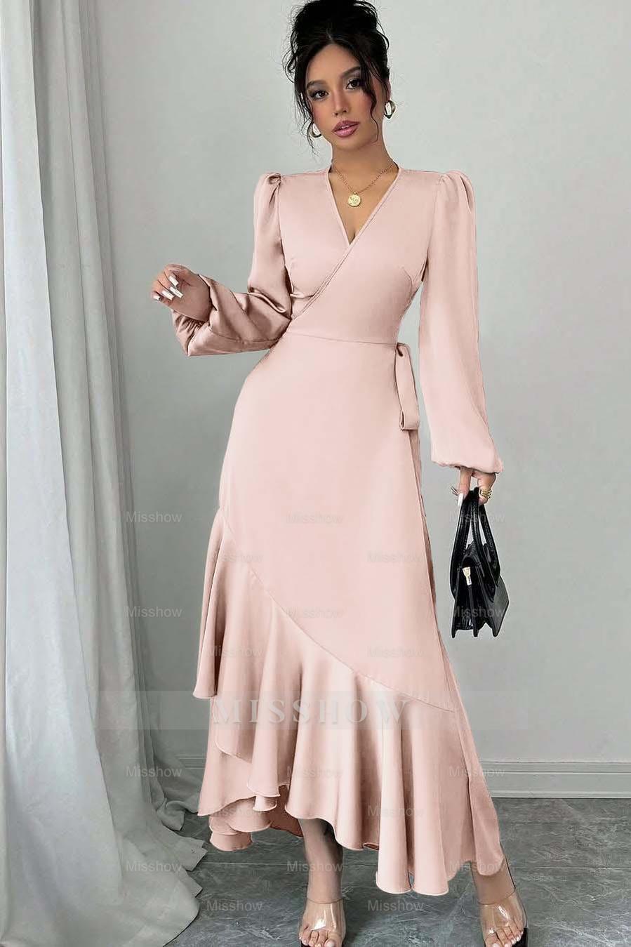 Sage Green Long Sleeve V Neck Fit and Flare Satin Midi Formal Dress With Ruffles