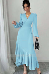 Sage Green Long Sleeve V Neck Fit and Flare Satin Midi Formal Dress With Ruffles