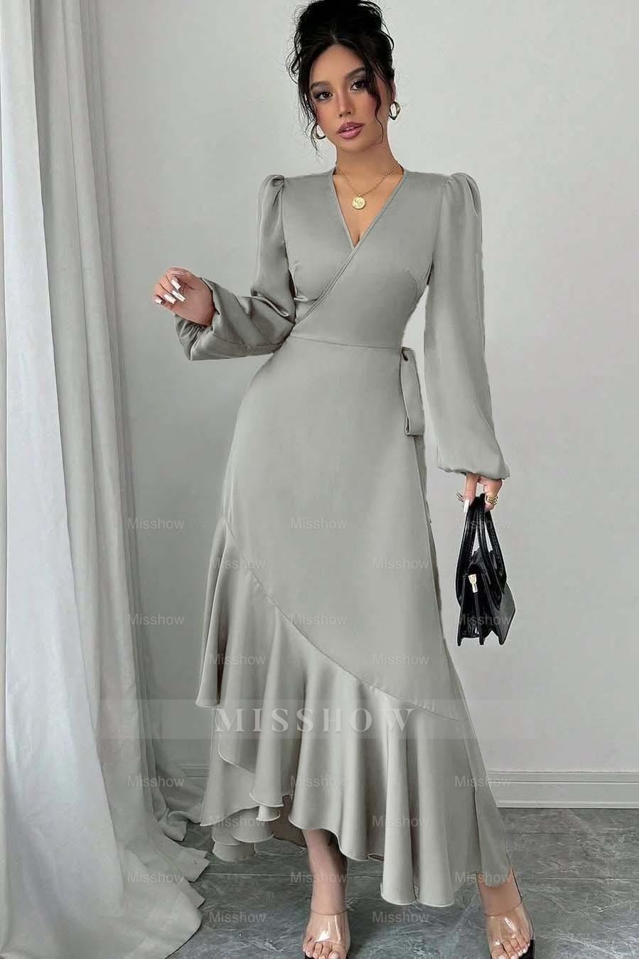 Sage Green Long Sleeve V Neck Fit and Flare Satin Midi Formal Dress With Ruffles
