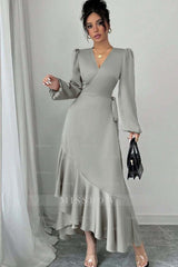 Sage Green Long Sleeve V Neck Fit and Flare Satin Midi Formal Dress With Ruffles